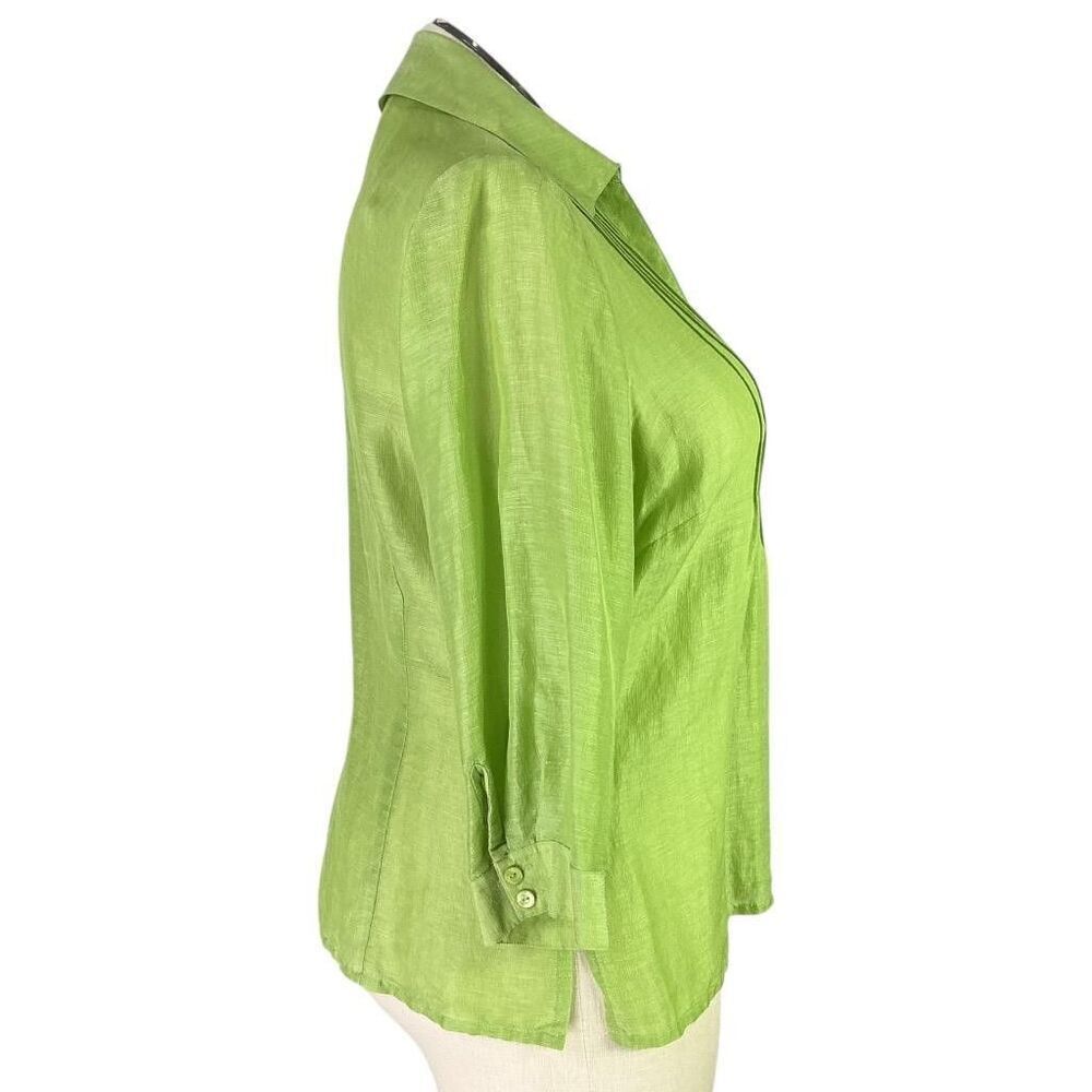 Coldwater Creek Top Women 1X Green Linen Silk Pleated 3/4 Sleeve Button Up Shirt - Picture 3 of 7